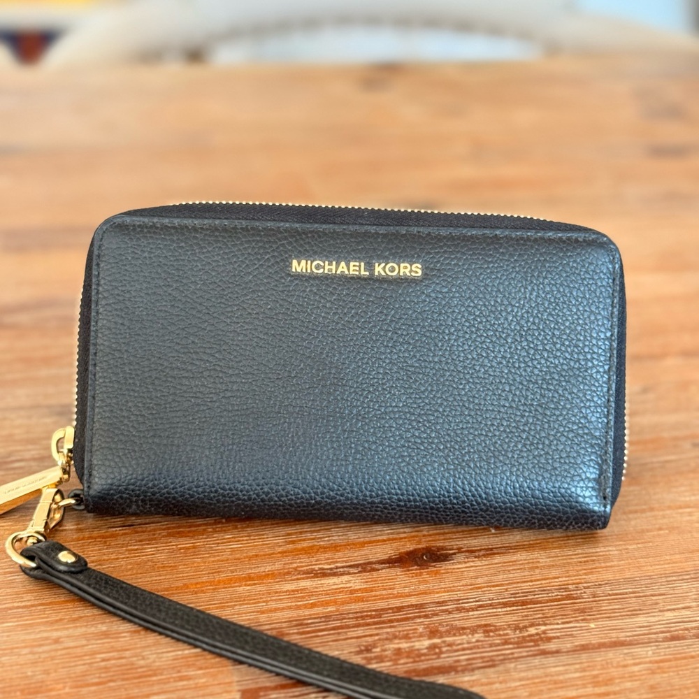 Michael Kors Black Leather Zip Wristlet with Gold Logo
